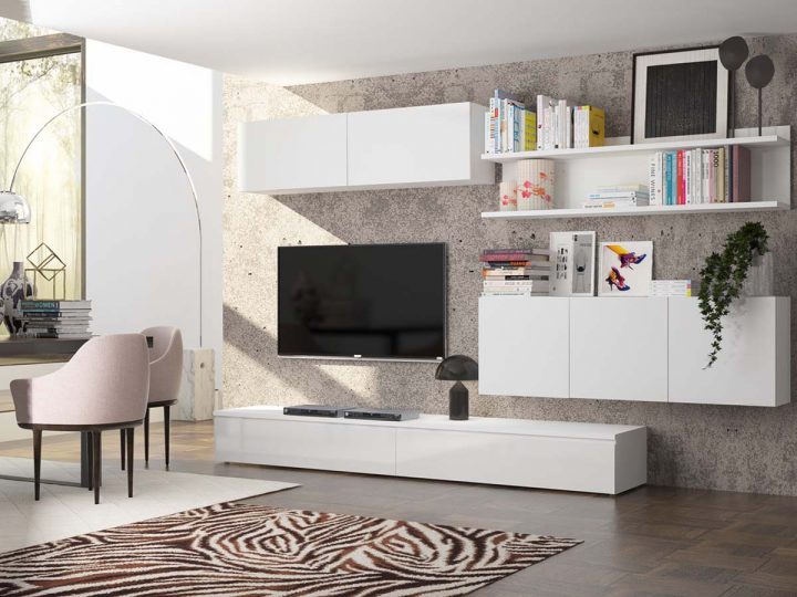 Meuble Tv Mural "forte" – Blanc Laqué 92996 destiné Meuble Tv Suspendu Blanc Laqué