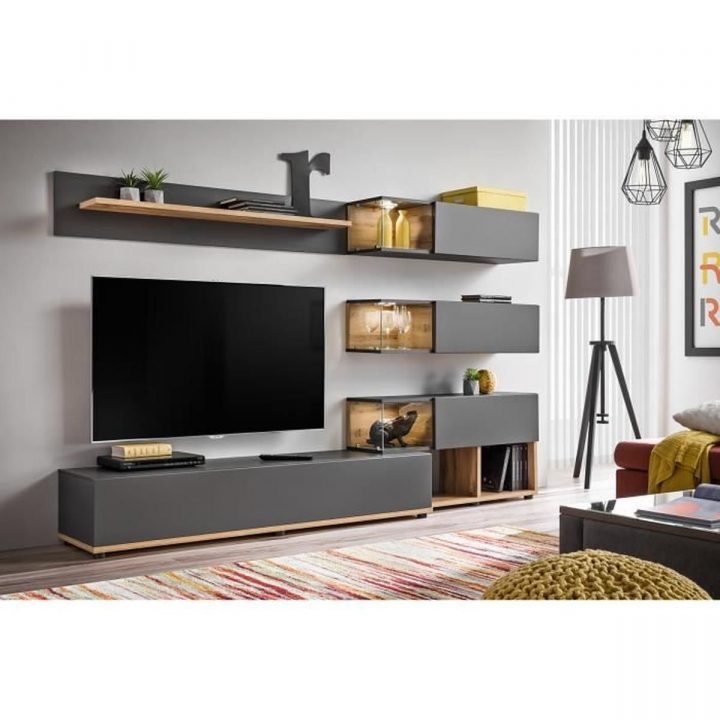 Meuble Tv Mural Silk Coloris Gris Anthracite Et Bois. Meuble avec Meuble Tv Fixé Au Mur