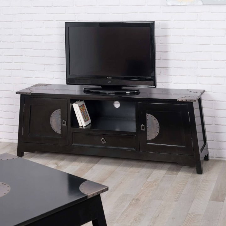 Meuble Tv Noir : Meuble Tv Bois Metal, Rectangle, Acajou dedans Meuble Tv