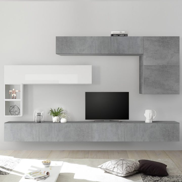 Meuble Tv Suspendu Blanc Laqué Et Gris Piana intérieur Meuble Tv Suspendu Blanc Laqué