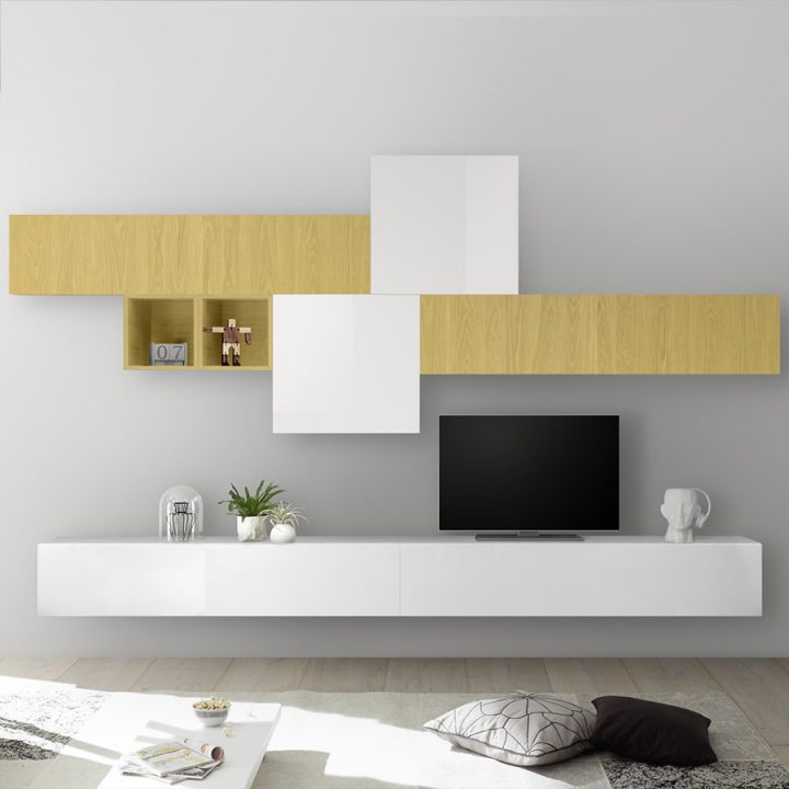 Meuble Tv Suspendu Blanc Laqué Et Jaune Pulsano intérieur Meuble Tv Suspendu Blanc Laqué