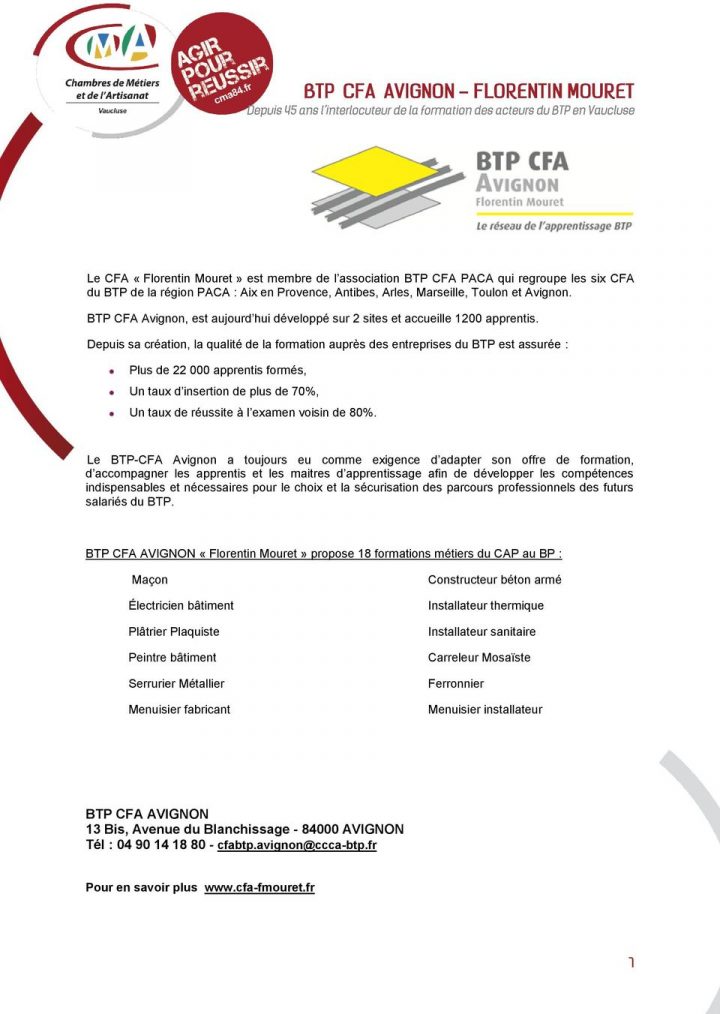 Michaël Videment Tél : Rue Joseph Vernet Bp Avignon Cedex 1 destiné Cfa Chambre Des Métiers Avignon Michaël Videment Tél : Rue Joseph Vernet Bp Avignon Cedex 1 destiné Cfa Chambre Des Métiers Avignon
