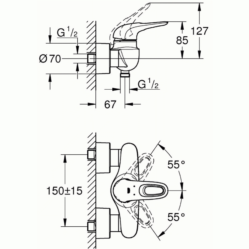 Mitigeur Bain-Douche - Pose Murale - Entraxe 150 Mm - Eurostyle Grohe destiné Entraxe Robinet Douche