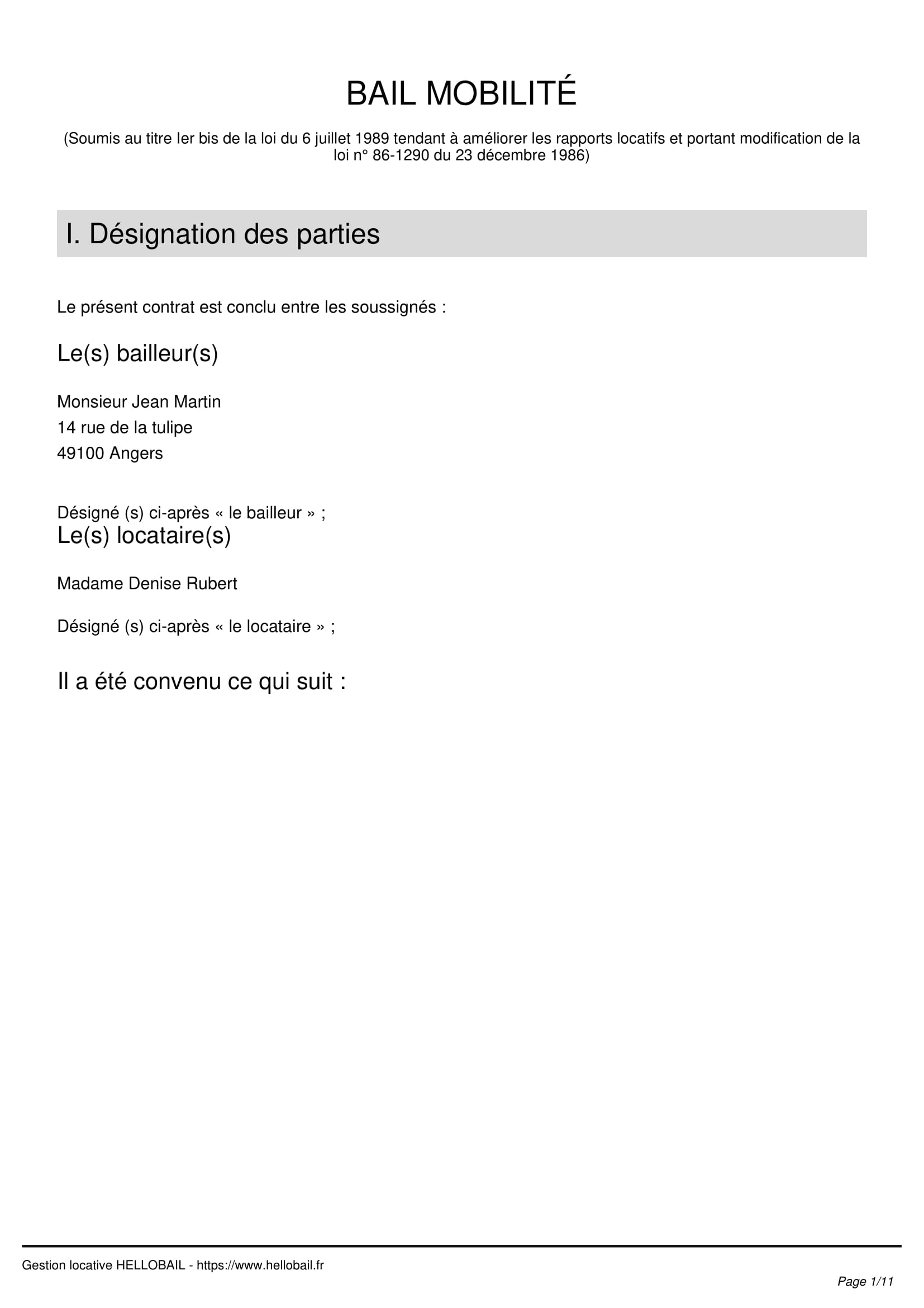 Modèle Bail Mobilité : Contrat De Location Courte Durée De 1 intérieur Location Meublée Courte Durée
