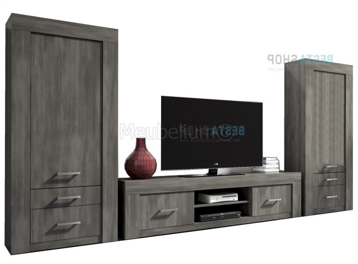 Mur Tv-Hifi Ensemble Mural Meuble Chêne Noir Donatio avec Meuble Tv Fixé Au Mur