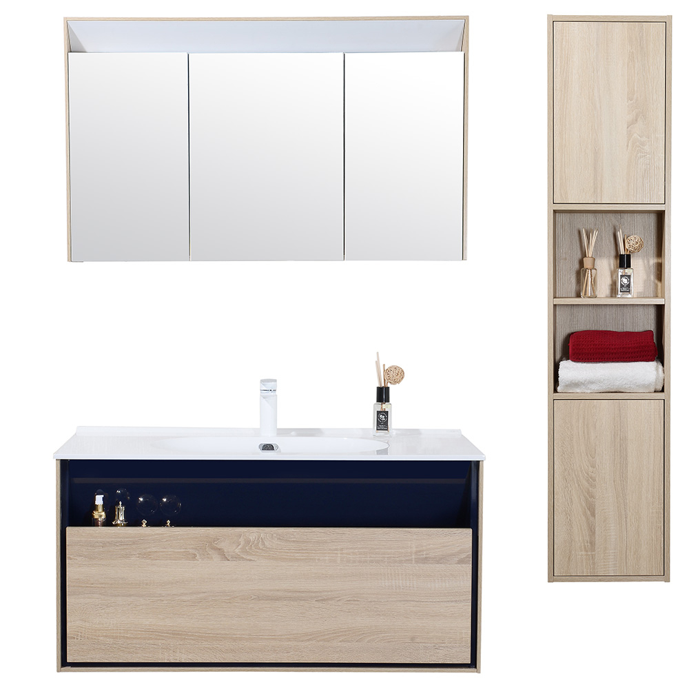 Nur 569.00€, Blau Java - Meuble De Salle De Bain Suspendu Simple Vasque  100Cm Colonne + Armoire Miroir À Led Bicolore - Interouge pour Armoirette Salle De Bain