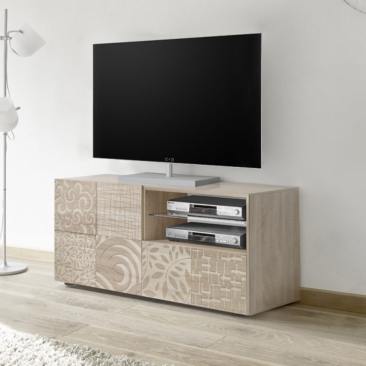 Petit Meuble Tv 120 Cm Avec Led Contemporain Chêne Clair Elma 3, Avec  Éclairage pour Meuble Tv Table Basse Assorti