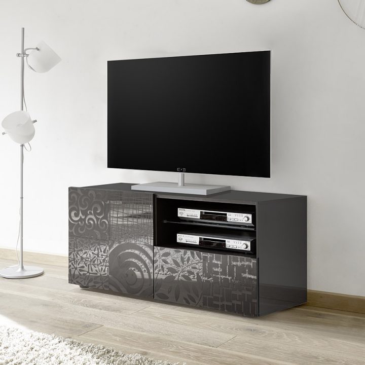 Petit Meuble Tv 120 Cm Gris Laqué Design Elma 2 encequiconcerne Meuble Télé Pas Cher