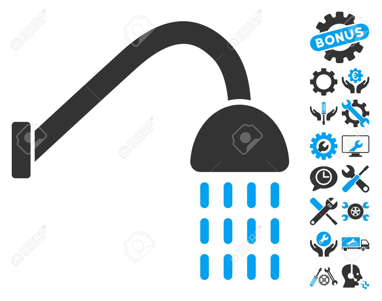 Pictogramme De Douche Avec Collection De Pictogrammes De Service Bonus.  Style D'illustration De Glyphe Est Plat Symboles Emblématiques Bleu Et Gris avec Pictogramme Douche