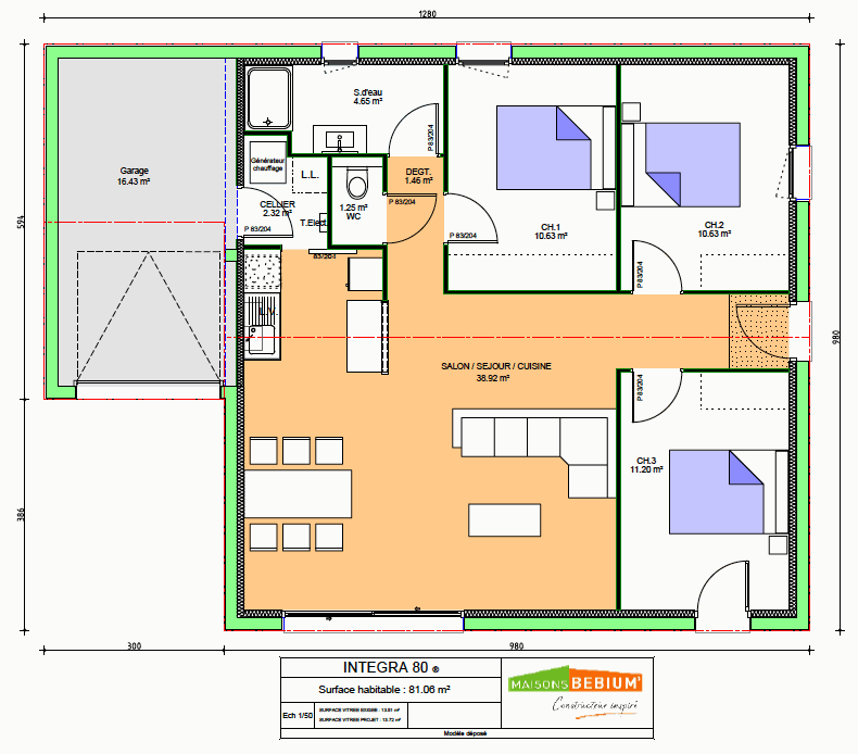 plan maison 80m2 3 chambres plain-pied