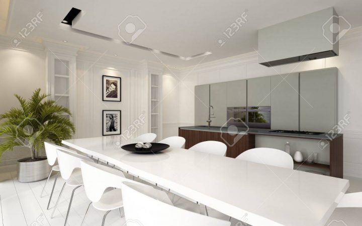 Plan Ouvert Salle À Manger Salon Coin Cuisine De Luxe Moderne Avec Des  Meubles De Rangement Et Des Appareils Et Une Table Et Des Chaises Élégant  Blanc tout Meuble De Salle À Manger Moderne