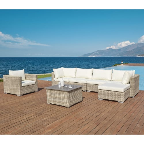 Pouf De Salon De Jardin En Résine Tressée Beige Et Coussin intérieur Coussin Salon De Jardin Résine