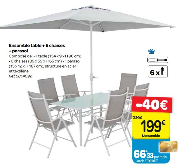 Promotion Carrefour: Ensemble Table + 6 Chaises + Parasol encequiconcerne Table Et Chaise De Jardin Carrefour