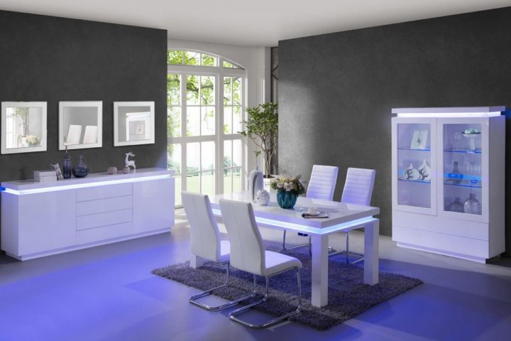 Salle À Manger Blanc Laqué Avec Led Intégré Pas Cher – Comforium serapportantà Chaise De Salle A Manger Pas Cher En Belgique