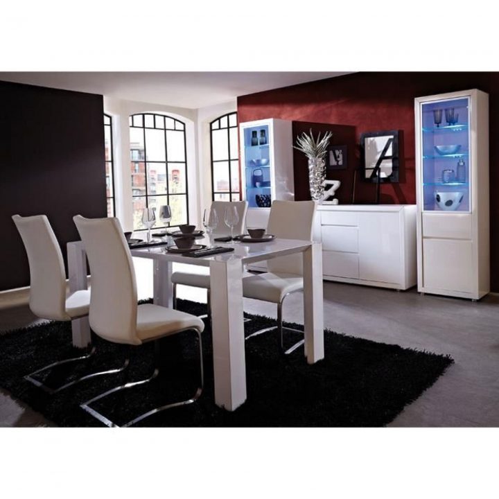 Salle À Manger Complète Blanc Laqué Design Aristo Table 160 Cm – Buffet 3  Portes Avec Led Vert concernant Buffet De Salle A Manger Laque Blanc