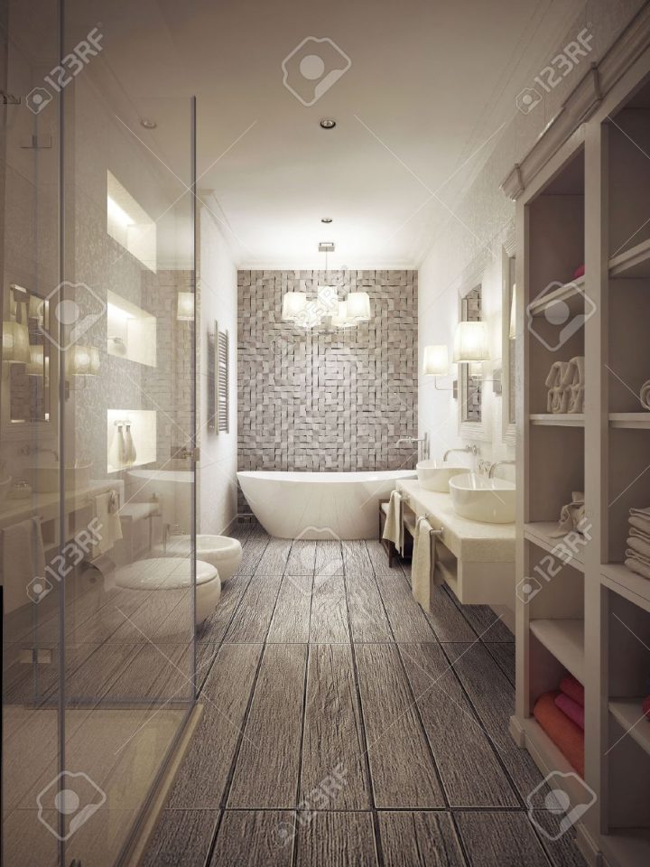 Salle De Bains Dans Un Style Provençal Avec Des Carreaux À Motifs Dans Les  Tons Beige. 3D Render. dedans Salle De Bain Provençale