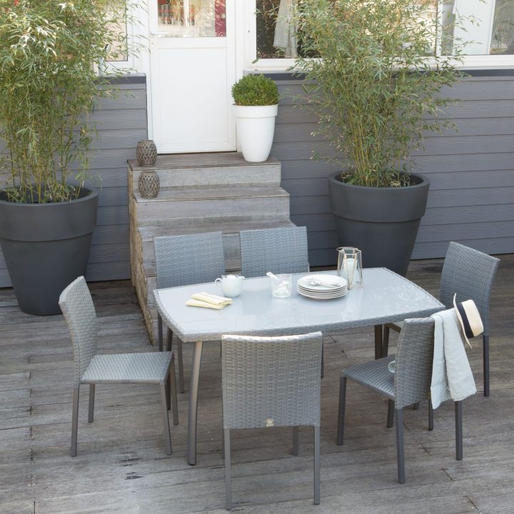 Salon De Jardin 6 Places En Résine Tressée Grise : Table tout Table De Jardin En Resine Tressée