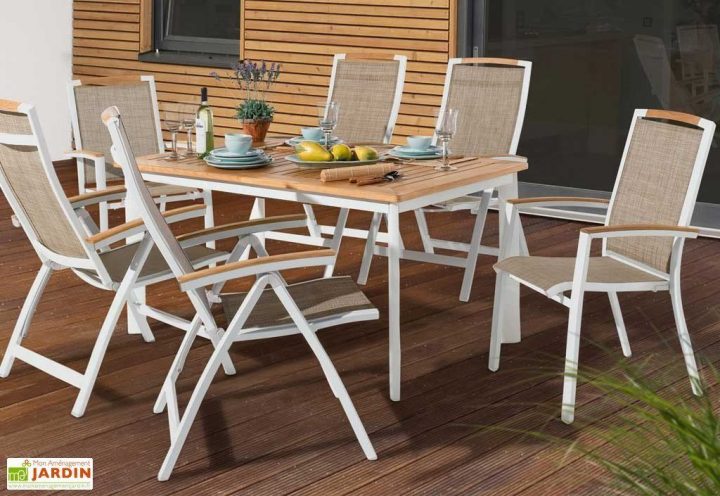 Salon De Jardin Alu Avec Table Teck + 6 Chaises Blanc pour Salon De Jardin Teck Déstockage
