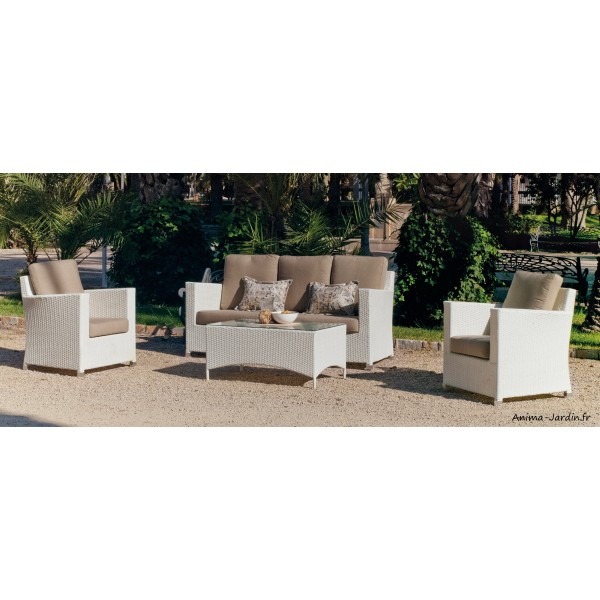 Salon De Jardin En Résine Tressée, Blanc, Ynasi, Avec pour Salon De Jardin Tressé Pas Cher