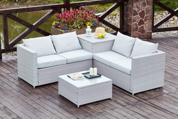 Salon De Jardin En Résine Tressée + Coffre Silang Gris à Salon De Jardin Resine Gris