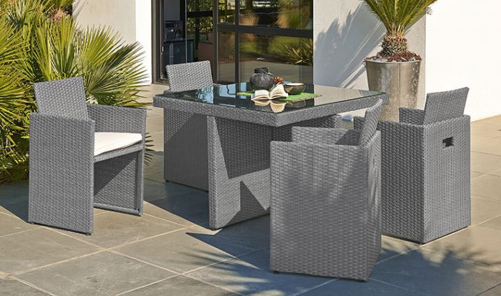 Salon De Jardin Encastrable 4 Places En Résine Tressée Grise encequiconcerne Salon De Jardin Resine Tressée