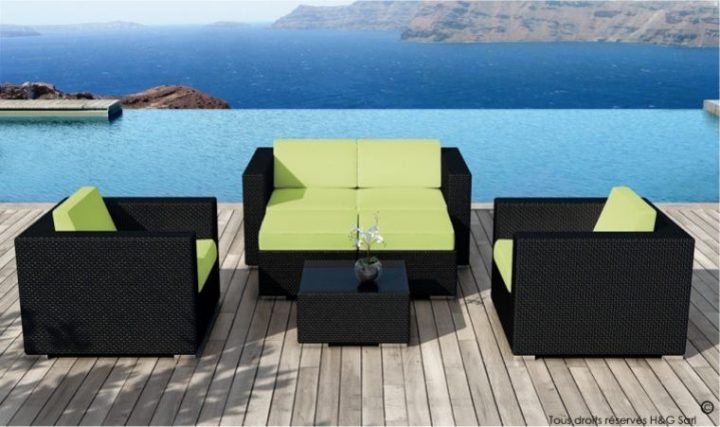 Salon De Jardin Résine Tressée Noire Design Et Coussins Verts tout Coussin Salon De Jardin Résine