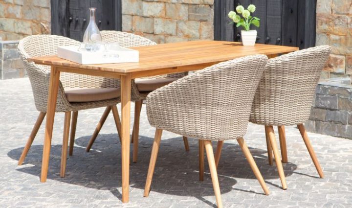 Salon De Jardin Rétro En Bois Et Rotin : 1 Table + 4 pour Table Jardin 4 Personnes