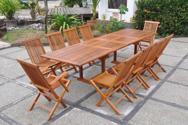 Salon De Jardin Teck Huilé 10 Places Rectangle 8 Chaises encequiconcerne Table De Jardin En Bois Avec Chaises