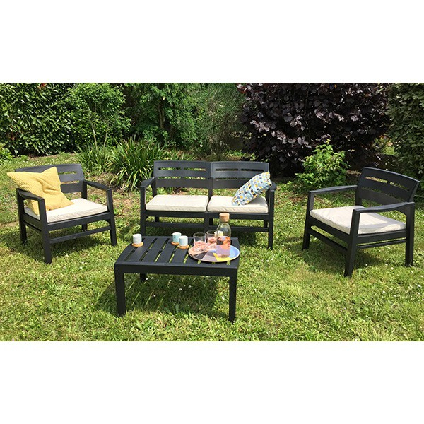 Salon Jardin Java Canapé + Fauteuils + Table Basse Résine concernant Salon De Jardin Resine Gris