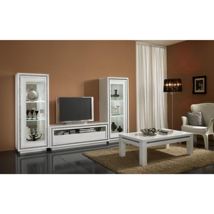 Salon- Meuble Tv Blanc Laque Avec Strass – Comforium avec Meuble Télé Blanc Laqué