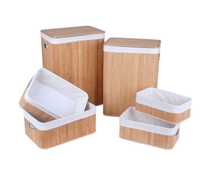 Set Ensemble En Bambou 2 Paniers Corbeille A Linge Et 4 encequiconcerne Boite Rangement Salle De Bain