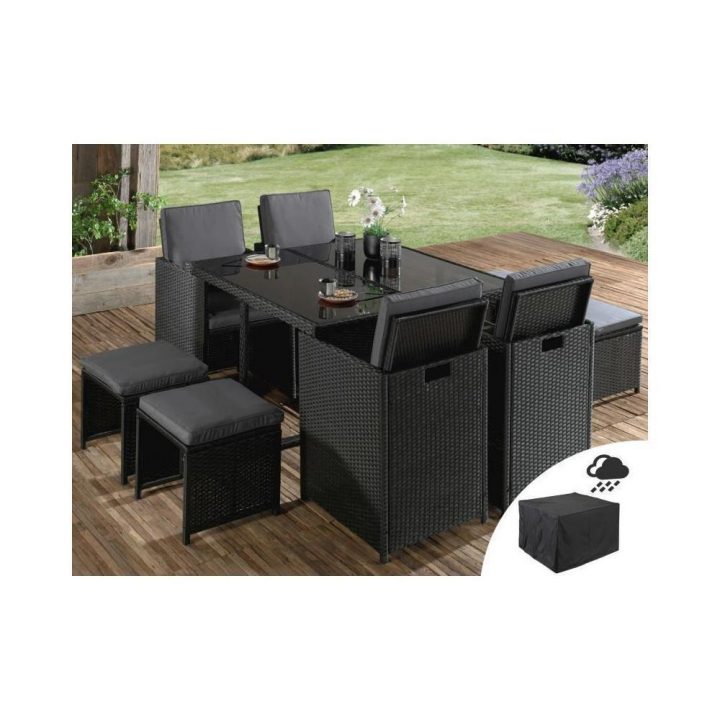 Sophia – Salon De Jardin Encastrable 8 Places – En Résine Tressée – Noir  Avec Coussins Gris + Housse De Protection tout Salon De Jardin En Resine Pas Cher