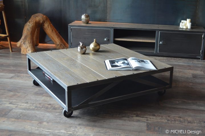 Table Basse Industrielle À Roulettes En Bois Gris Et Métal intérieur Meuble Tv Table Basse Assorti