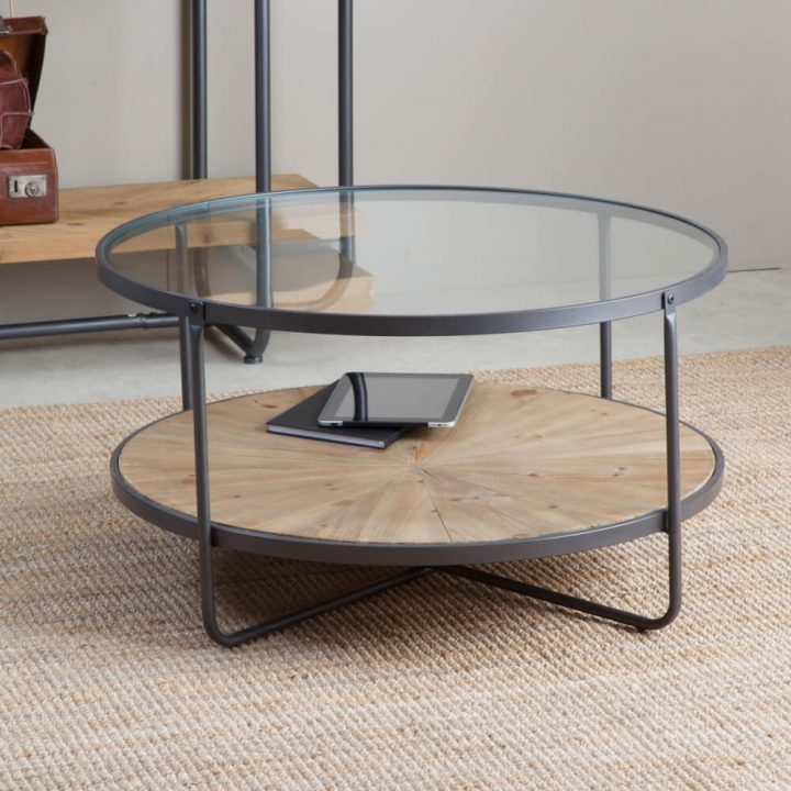 Table Basse Industrielle Ronde 2 Plateaux Verre Et Bois concernant Meuble Tv Table Basse Assorti