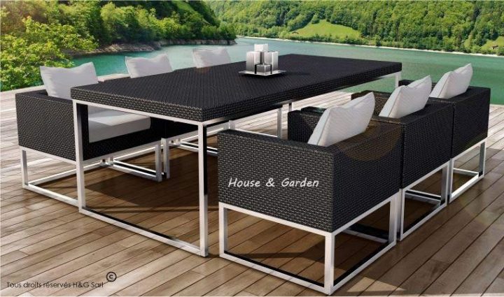 Table Et 6 Fauteuils Encastrable De Qualité En Résine intérieur Coussin Salon De Jardin Résine