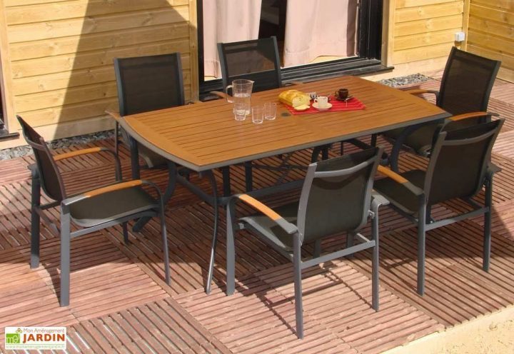 Table Jardin Bois Exotique (182X106) + 6 Fauteuils encequiconcerne Table Jardin Bois Et Metal