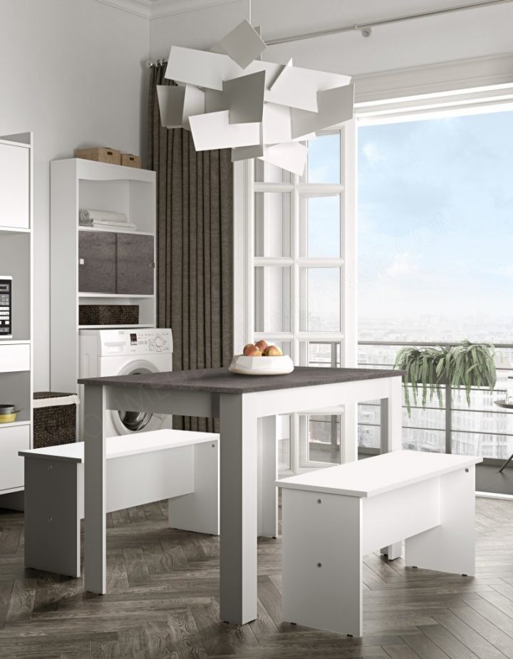 Table Salle À Manger Bois Blanc/gris Et 2 Bancs Menu Du Jour Symbiosis  2281A2198X00 serapportantà Salle A Manger En Bois Gris