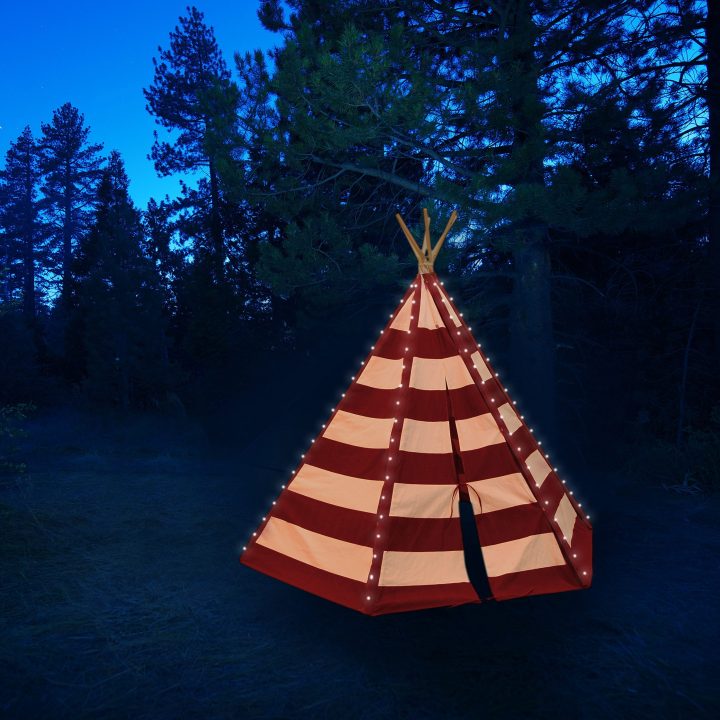 Tente Tipi Lumo Sunny Multimatière, Blanc Et Bleu Led 2 dedans Dalle Bois Lumo