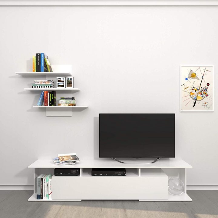 Theta Design By Homemania Porte Tv, Meuble Tv Bounty, Blanc tout Meuble Tv Amplifié