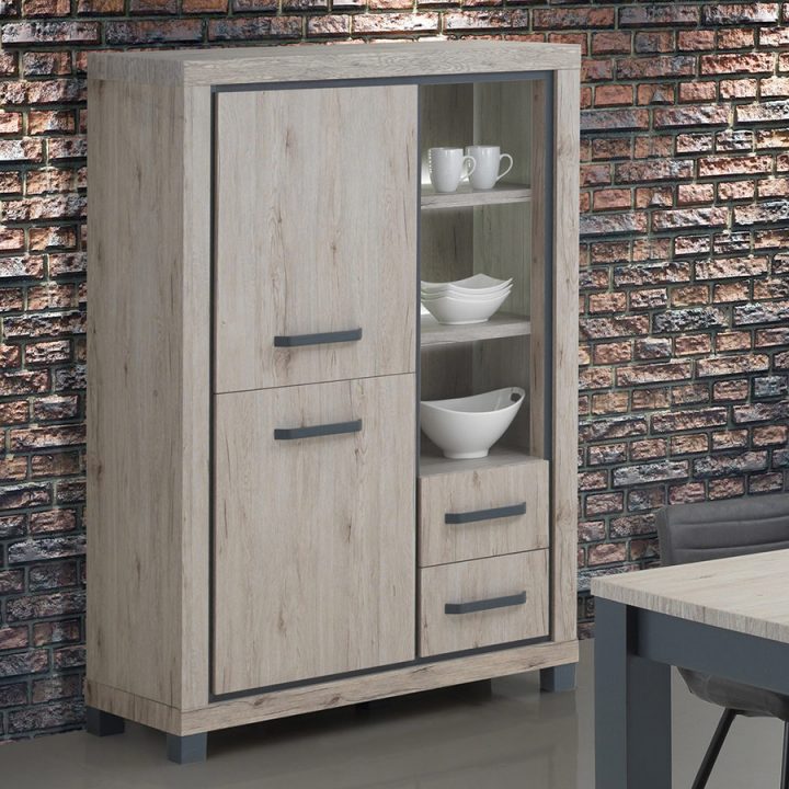 Vaisselier 115 Cm Pas Cher Couleur Chêne Naturel Et Gris Eleonore dedans Meuble De Salle À Manger Moderne