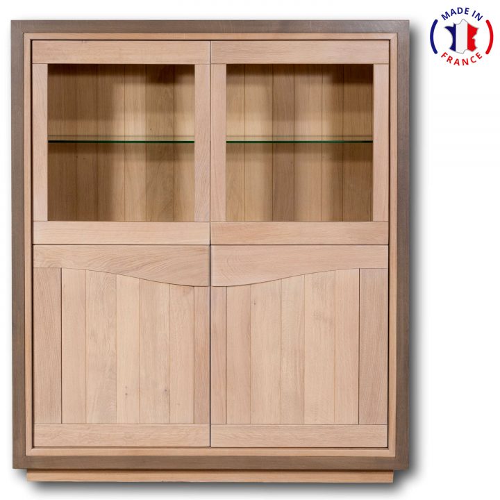 Vitrine 4 Portes Design En Chêne Massif – 100% Made In France – Chêne  Blanchi Et Cadre Gris Éléphant concernant Meuble Vitrine But