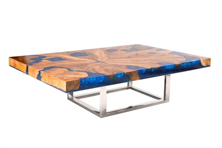 Blue Cracked Resin Coffee Table avec Table Bois Resine