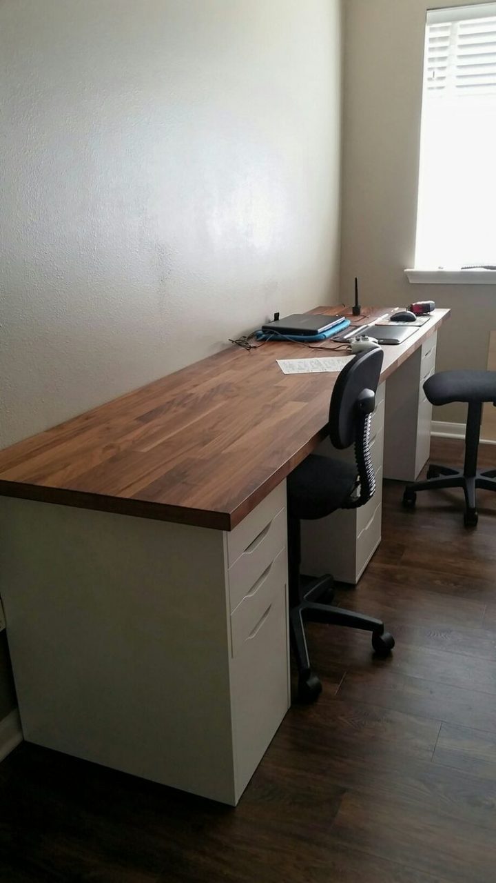 Desk In Craft Room Is 98" Ikea Karlby Countertop In Walnut serapportantà Ikea Karlby Bureau