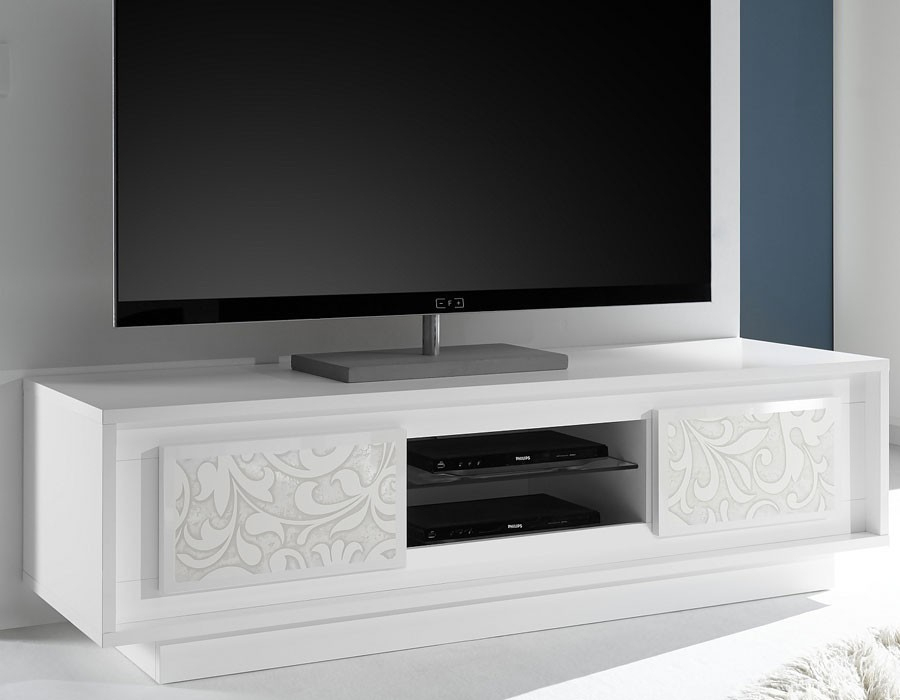 Meuble-Tv-Blanc-Laque-Mat-Serigraphie-Fleur-Design-Arum dedans Meuble Tv Blanc Laqué