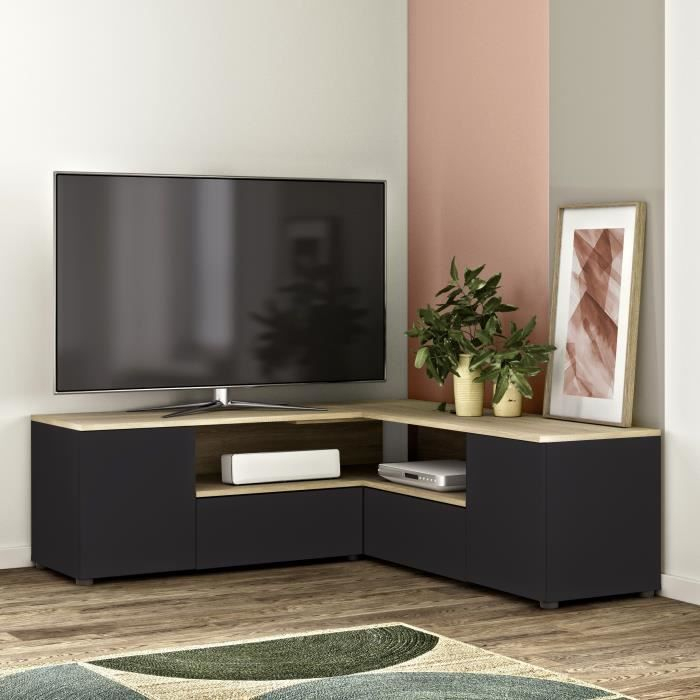 Meuble Tv D'Angle 4 Portes – Décor Chêne Et Noir – L 130 X avec Meuble Tv D Angle Pas Cher