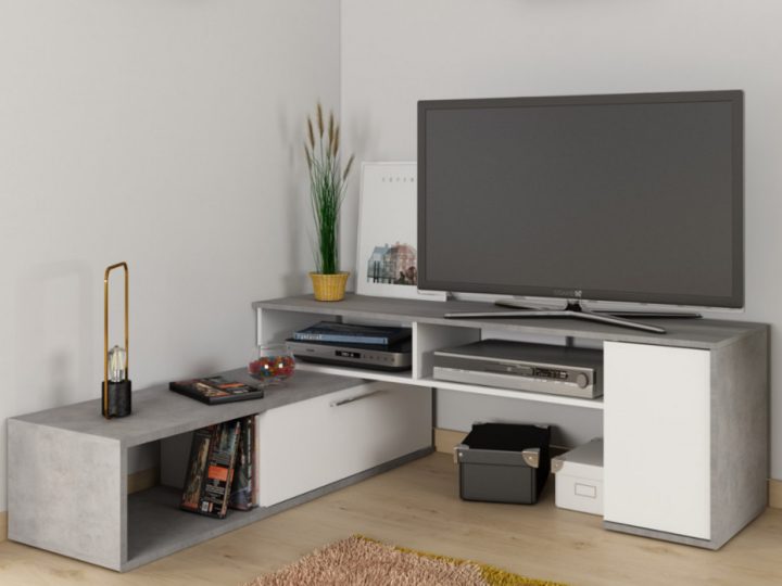 Meuble Tv Extensible Daryl – 2 Portes – Blanc & Béton à Meuble Tv Beton Meuble Tv Extensible Daryl – 2 Portes – Blanc & Béton à Meuble Tv Beton