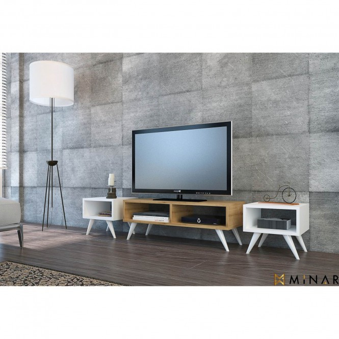 Meuble Tv Rétro Vinca – 160 X 37 Cm – Blanc Et Marron intérieur Meuble Tv Retro