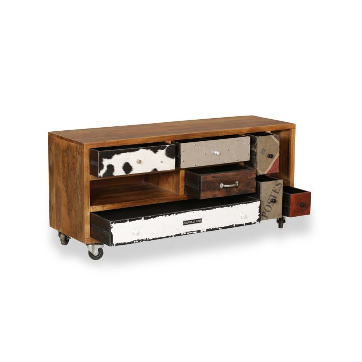 Meuble Tv Vintage En Bois Massif Manguier Avec 7 Tiroirs tout Meuble Tv Retro