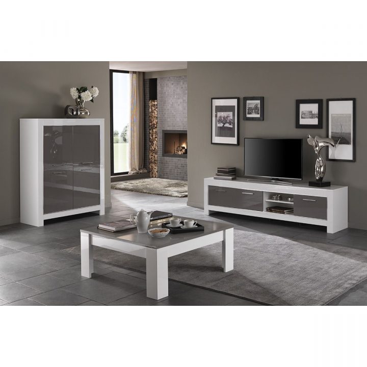Salon – Meuble Tv Blanc Et Gris Laqué – Comforium concernant Meuble Tv Blanc Laqué