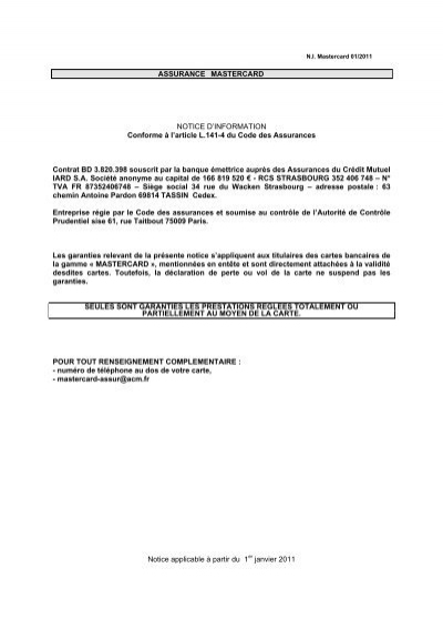 Assurance Mastercard Notice D'Information  – Cic destiné 63 Chemin Antoine Pardon 69814 Tassin Cedex